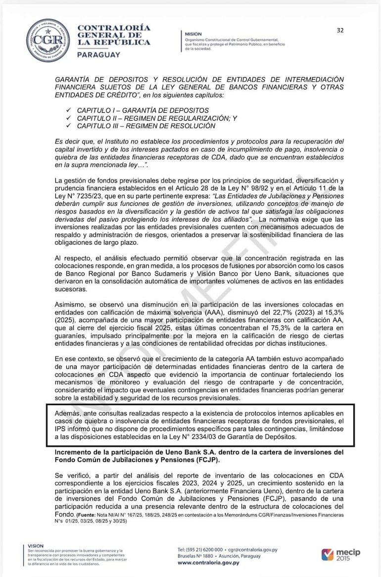Documento oficial de la Contraloría General con texto sobre regulación de depósitos y entidades financieras.