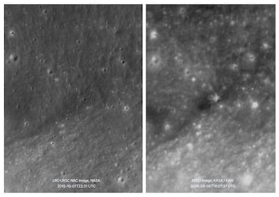 Danuri captó imágenes de la etapa superior del cohete Falcon 9 de SpaceX impactando contra la superficie de la Luna el 5 de agosto a las 15:34 (hora de Corea).