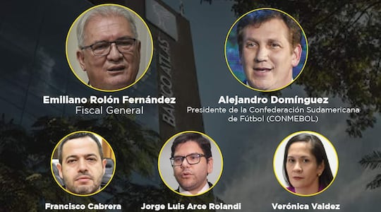 El fiscal general del Estado, Emiliano Rolón; el presidente de la Conmebol, Alejandro Domínguez, y los fiscales Francisco Cabrera, Verónica Valdez y Jorge Arce.