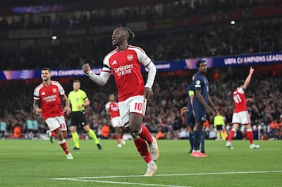 LONDON (United Kingdom), 13/10/2026.- Arsenals Eberechi Eze celebrates scoring their second goal during the UEFA Champions League phase match Arsenal vs LOSC Lille in London, Britain, 13 October 2026. (Liga de Campeones, Reino Unido, Londres) EFE/EPA/DANIEL HAMBURY
