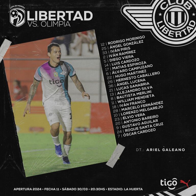 Los convocados de Libertad para enfrentar a Olimpia por la undécima jornada del torneo Apertura 2024 del fútbol paraguayo.