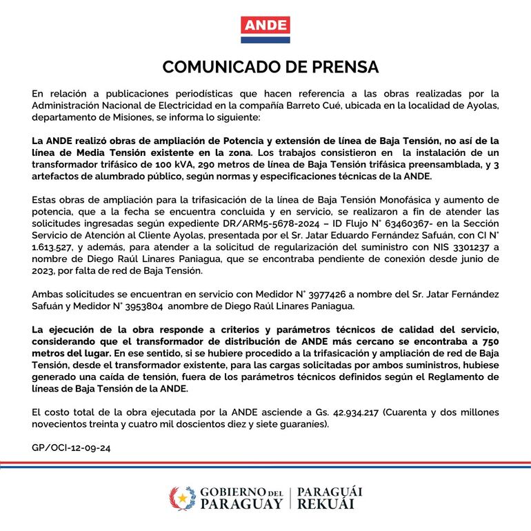 Comunicado de la ANDE sobre obras en Ayolas.