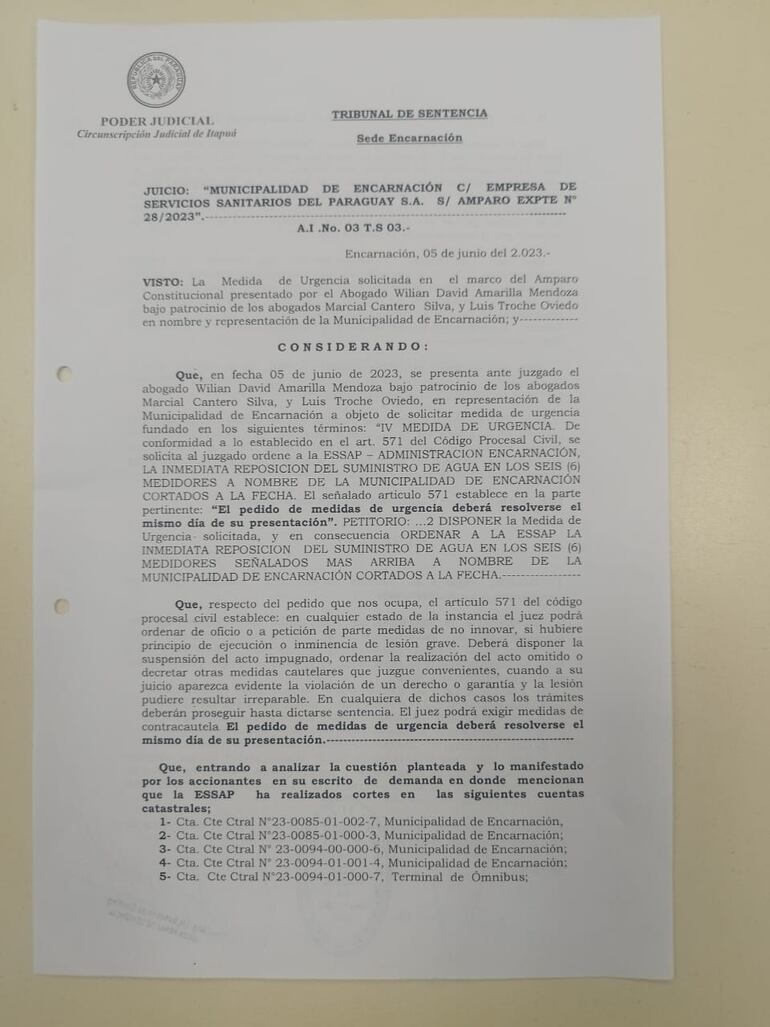 Amparo corte de agua Municipalidad.
