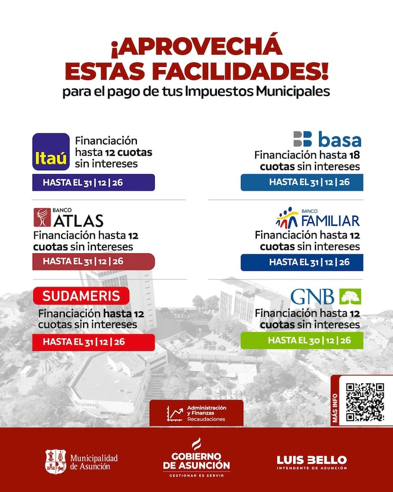 Anuncio informativo de la Municipalidad de Asunción sobre impuestos con logos de bancos y un fondo urbanístico.