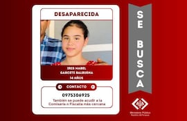 Cartel de búsqueda con foto de Iris Mabel, sonriente, y un adulto a su lado en fondo rojo con datos de contacto.