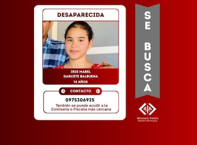 Cartel de búsqueda con foto de Iris Mabel, sonriente, y un adulto a su lado en fondo rojo con datos de contacto.