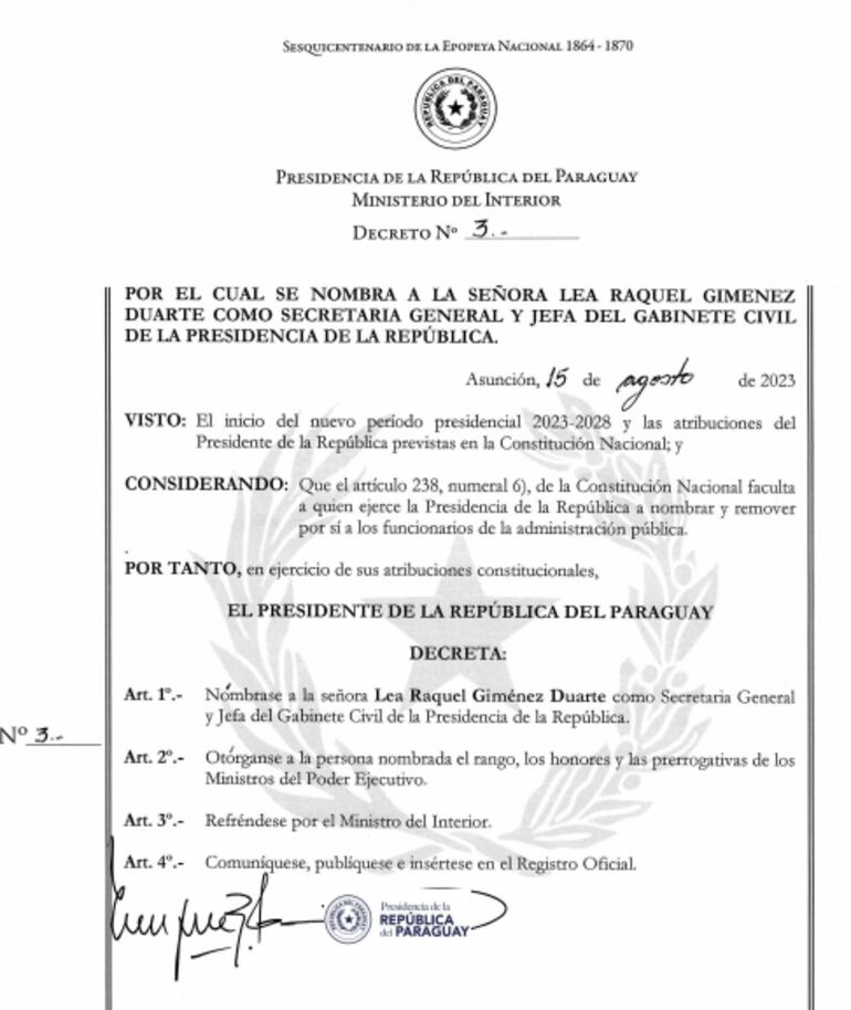 Decreto de nombramiento como jefa de gabinete a Lea Giménez.