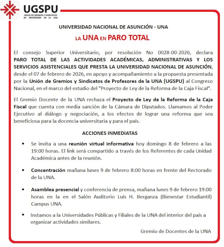 Comunicado de los profesores de la UNA por el paro total en la universidad.