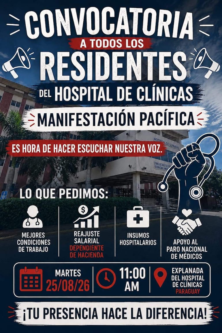 Cartel de convocatoria a manifestación pacífica, con texto sobre huelga y demandas de los residentes del Hospital de Clínicas.