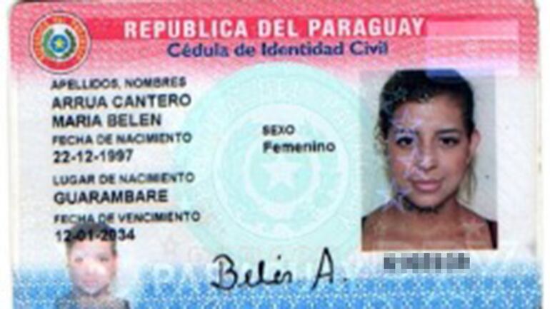 Cédula paraguaya de María Belén Arrúa Cantero, detenida por la Fuerza Especial de Lucha Contra el Crimen de Bolivia.
