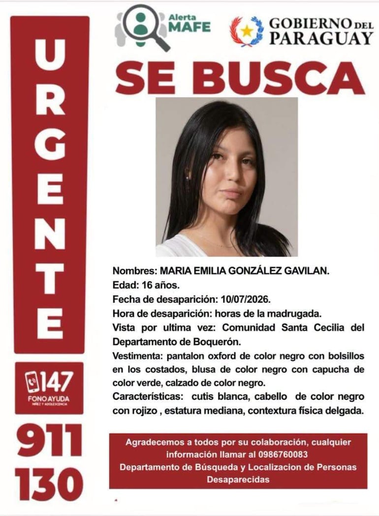 Cartel de búsqueda con información sobre María Emilia González Gavilán, joven de 16 años, vestimenta negra y cara visible.