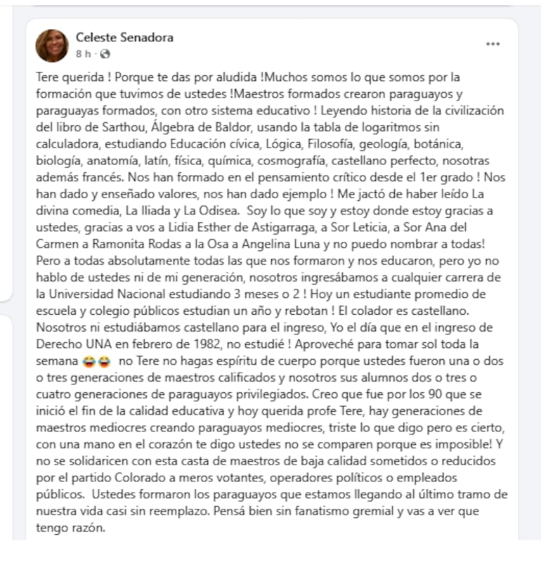 La respuesta de la senadora Celeste Amarilla a su exprofe.