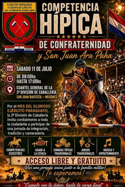 Cartel que anuncia competencia hípica con información sobre el evento, jinete saltando un obstáculo y un ambiente festivo.