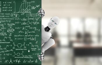 Robot humanoide y pizarra educativa, imagen ilustrativa.