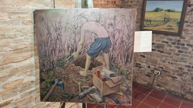 Un joven entierra sus libros en la huerta por temor a la dictadura. Obra de Gil Alegre.