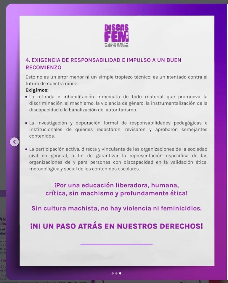 Documento digital en fondo púrpura con texto sobre exigencias educativas inclusivas y contra el machismo.
