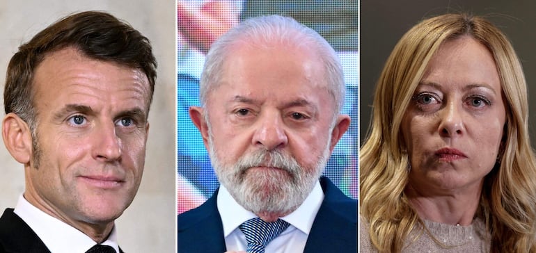 Los presidentes Emmanuel Macron (Francia), Luiz Inacio Lula da Silva (Brasil) y la primera ministra italiana, Giorgia Meloni.