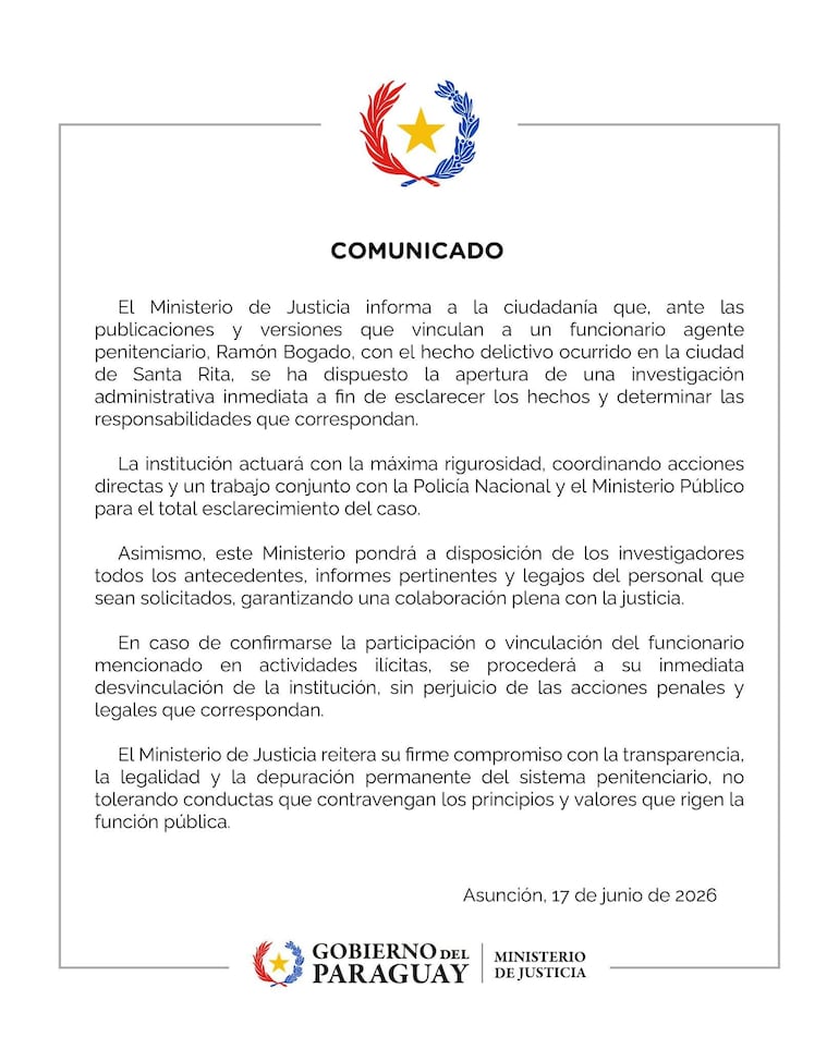 Comunicado oficial del Ministerio de Justicia de Paraguay, con emblemas del gobierno y texto informativo sobre la investigación.
