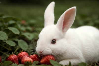 Conejo comiendo frutillas.