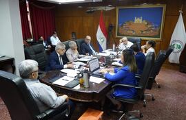 Isaías Ricardo Fretes y José Jara Rojas discuten documentos en reunión formal en ambiente gubernamental con bandera paraguaya.