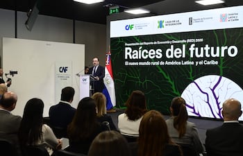 Orador vestido formalmente expone sobre desarrollo económico, mientras el público lo observa atentamente en un auditorio con decoraciones formales.