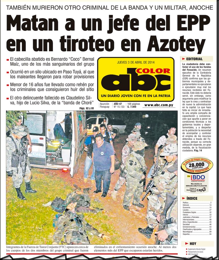 Tapa del diario ABC Color del 3 de abril de 2014, sobre el secuestro de Arlan Fick Bremm y las muertes del militar Hugo Andrés Monges Ramírez y los terroristas Bernardo Bernal Maíz, alias Coco, y Claudelino Silva Cáceres, alias Víctor.