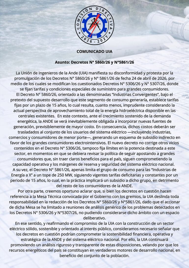 Comunicado de la UIA sobre nuevos decretos de energía.