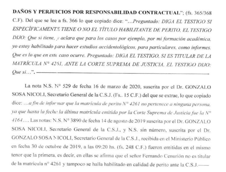 Documento legal con texto sobre declaraciones de Fernando Centurión, sin presencia de personas visibles.