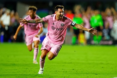 Lionel Andrés Messi (36) festeja su gol, con el que Inter Miami venció 2-1 al Cruz Azul. La Leagues Cup la disputan clubes de la MLS y la Liga MX.