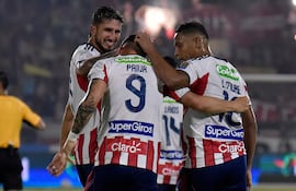 El paraguayo Guillermo Paiva (9), futbolista de Junior de Barranquilla, celebra un gol en el partido frente a Deportivo Pasto por la última fecha de la primera etapa del torneo Apertura 2026 de la Primera A de Colombia.