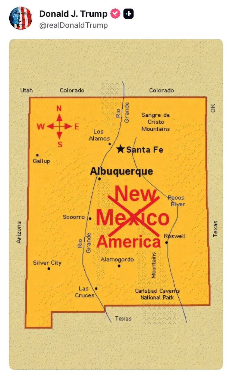 Mapa de Nuevo México, con 'New Mexico' tachado y 'America' sobrepuesto, destacando Santa Fe con una estrella.