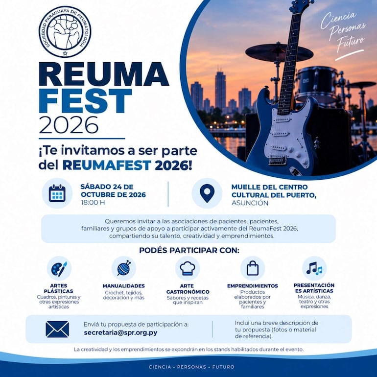 Afiche del ReumaFest 2026 con guitarra electrónica y texto colorido invitando a participar en actividades artísticas y gastronómicas.