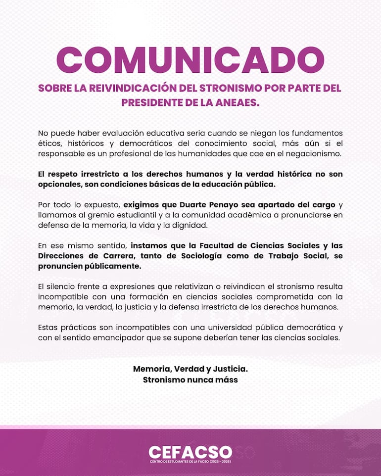 Comunicado de estudiantes de la FACSO sobre José Duarte Penayo