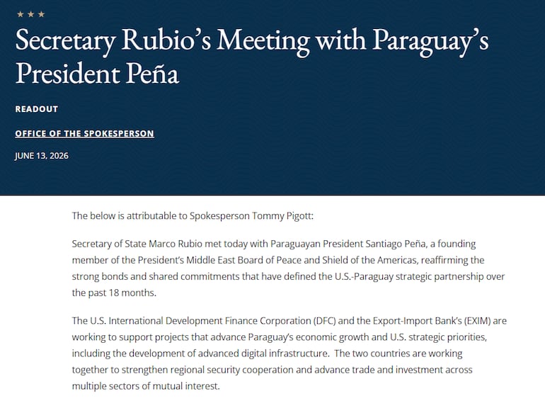 Declaración oficial sobre el encuentro entre Marco Rubio y Santiago Peña.