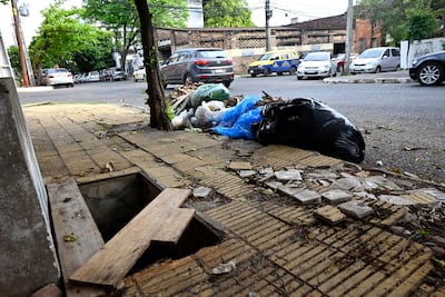 Bolsas de basura en vereda junto a escombros y un árbol pequeño, en un ambiente urbano descuidado.