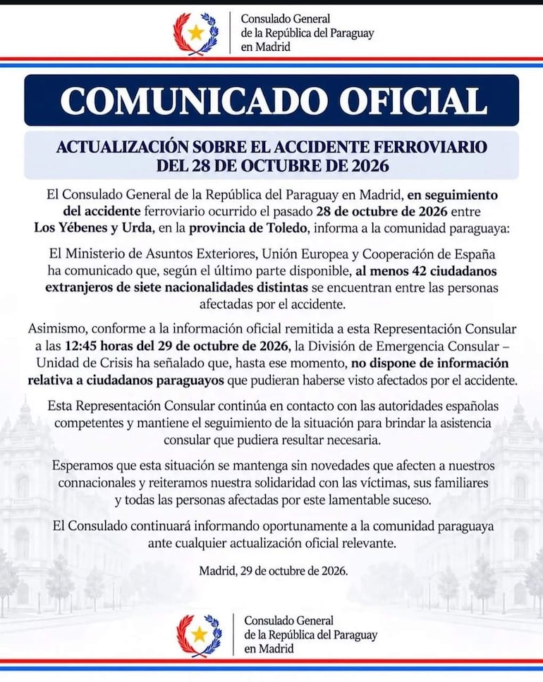 Comunicado oficial del Consulado de Paraguay en Madrid sobre accidente ferroviario, con logotipo y colores de la bandera paraguaya.