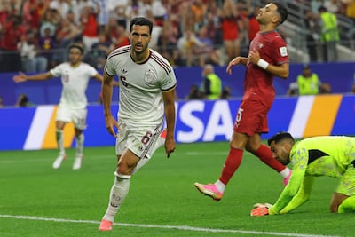 El español Mikel Merino celebra tras anotar el gol del 1-0 durante el partido de octavos de final de la Copa Mundial de la FIFA 2026 entre Portugal y España, en Dallas, Estados Unidos.