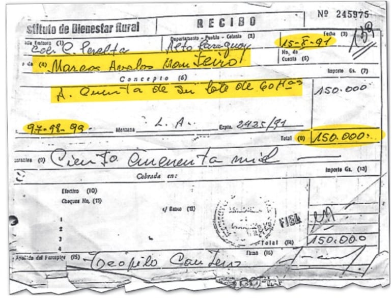 Uno de los recibos entregados por el entonces IBR a Marcos Ávalos por el predio de 60 hectáreas.