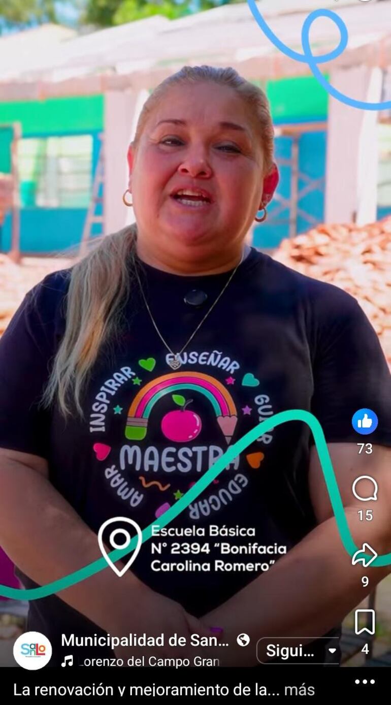 La encargada de despacho, en uno de los vídeos de la Municipalidad de San Lorenzo, donde agradase al intendente por los trabajos que se realiza en la institución. En el mismo vídeo, incluso permitió que un menor sea filmado agradeciendo por el avance de las obras.