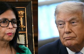 Esta combinación de imágenes, muestra a la vicepresidenta venezolana, Delcy Rodríguez, asistiendo a una sesión de la Asamblea Nacional para jurar como presidenta interina de Venezuela en Caracas el 5 de enero de 2026, y al presidente estadounidense, Donald Trump, durante una reunión con el Grupo de Trabajo de la Casa Blanca.