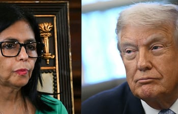 Esta combinación de imágenes, muestra a la vicepresidenta venezolana, Delcy Rodríguez, asistiendo a una sesión de la Asamblea Nacional para jurar como presidenta interina de Venezuela en Caracas el 5 de enero de 2026, y al presidente estadounidense, Donald Trump, durante una reunión con el Grupo de Trabajo de la Casa Blanca.