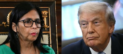 Esta combinación de imágenes, muestra a la vicepresidenta venezolana, Delcy Rodríguez, asistiendo a una sesión de la Asamblea Nacional para jurar como presidenta interina de Venezuela en Caracas el 5 de enero de 2026, y al presidente estadounidense, Donald Trump, durante una reunión con el Grupo de Trabajo de la Casa Blanca.