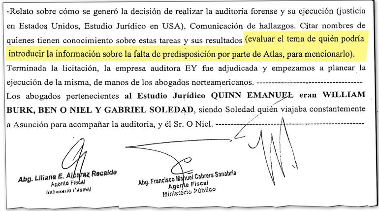 ¡Se olvidaron de borrar! En el acta de declaración testifical de la abogada Monserrat Jiménez de la Conmebol, firmada por los fiscales, una instrucción directa de involucrar a Banco Atlas.