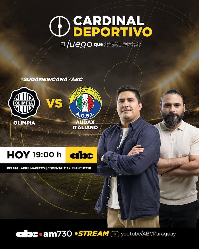 Olimpia vs. Audax Italiano en la Copa Sudamericana 2026, por ABC Cardinal 730 AM y ABC Paraguaya en Youtube.