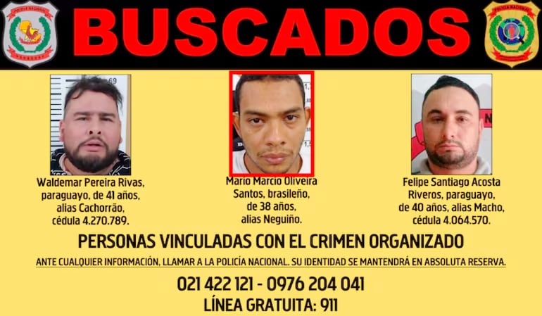 Afiche de la Policía sobre los tres más buscados en 2023, en el que figura Mario Marcio Oliveira Santos, alias Neguiño.