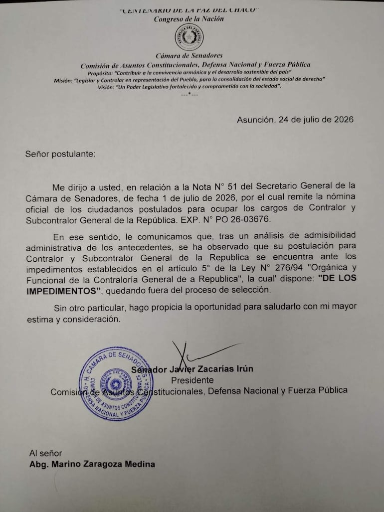Documento oficial establecido en la Cámara de Senadores con logo y firma, sin personas visibles.