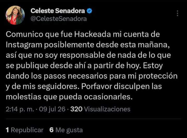 Celeste Amarilla transmite un mensaje en redes sociales, mostrando preocupación por el hackeo de su cuenta y su postura firme.