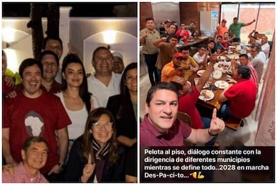 Gamarra y Cantero en reunión con varios líderes, todos con expresiones alegres en un comedor con comida sobre la mesa.
