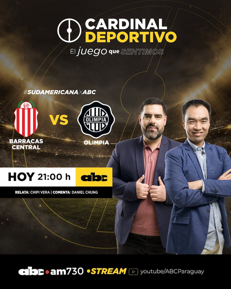 Barracas Central vs. Olimpia, por ABC Cardinal 730 AM y ABC Paraguay en Youtube.