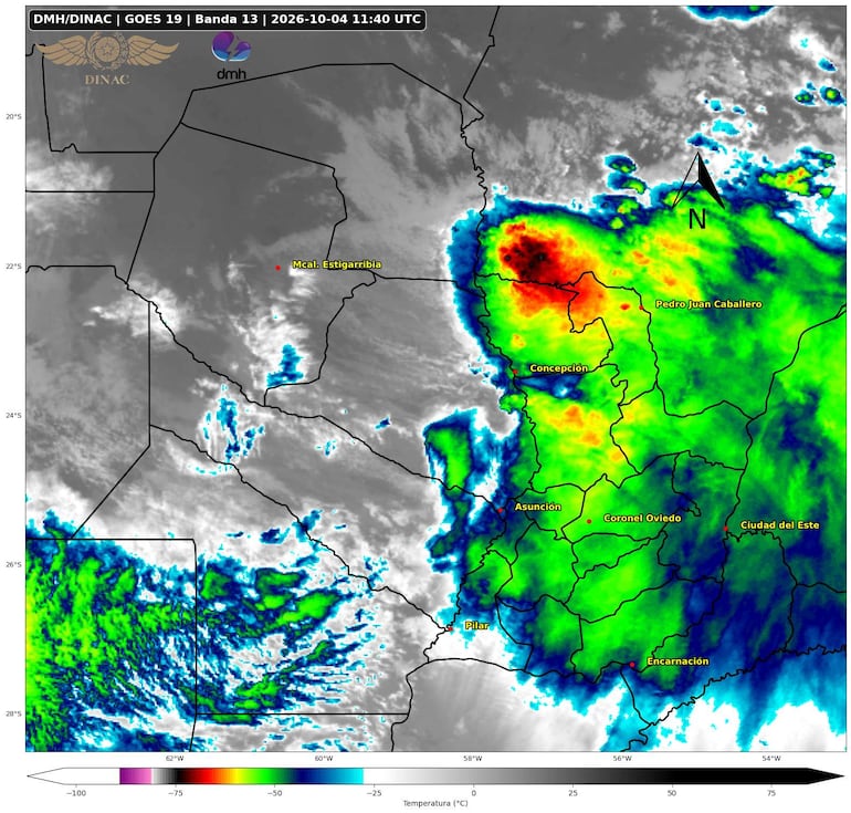 Mapa meteorológico mostrando distintas temperaturas y áreas bajo alerta en Paraguay, sin presencia de personas.